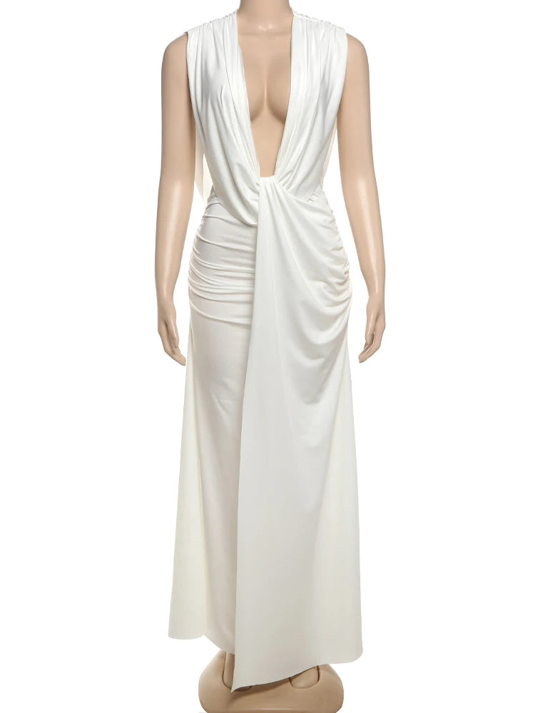 Nibber Wrap Ruched Temperament Dress Women Sexy Deep V-Neck Sleeveless High Elasticity Buttocks Beach Party Solid Long Bodycon Aviola