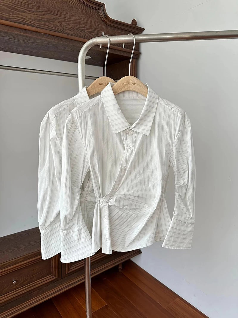 MEXZT Elegant Striped Shirts Women Vintage Irregular Long Sleeve Blouses Office Ladies Korean Chic Buttons Slim Design Tops New Aviola