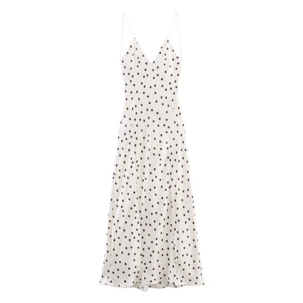 BM&MD&ZA2025Polka dot satin texture V-neck backless seaside holiday style A-line dress long skirt summer new women's clothing Aviola