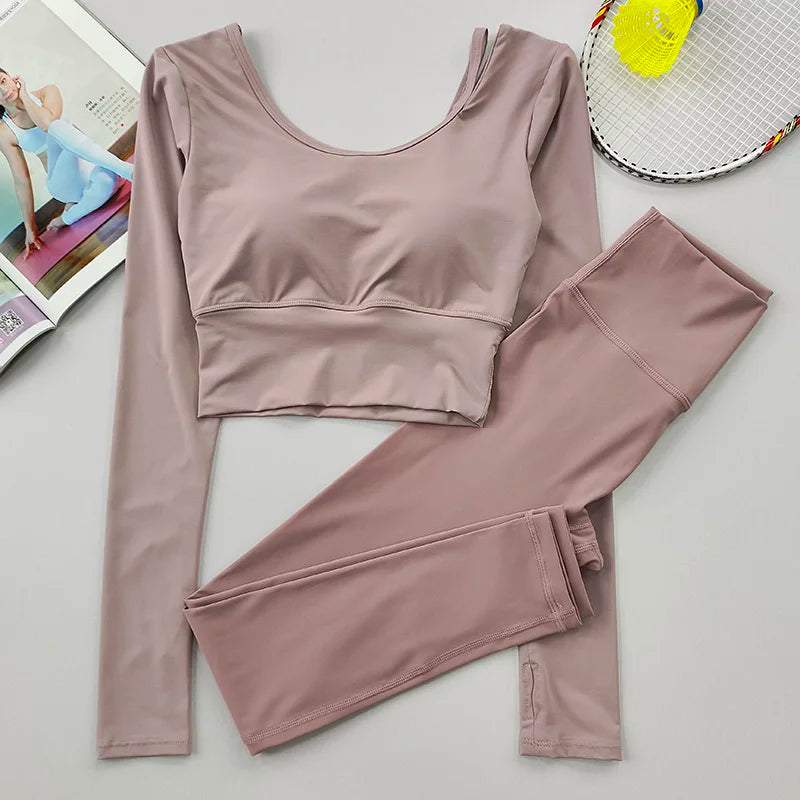2pcs Women Yoga Set Sport Suit Gymwear Workout Clothes Long Sleeve Gym Crop Top High Waist Leggings Fitness Sports Set Yoga Wear Aviola