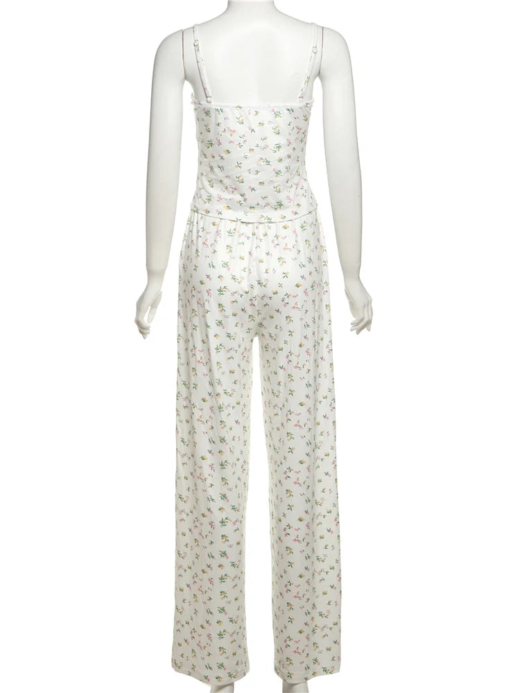 Nibber Floral Prints 2-Piece Set Women Patchwork Bows Low-Neck Suspender Tops+Bandage Loose Trousers Leisure Comfortable Suits Aviola