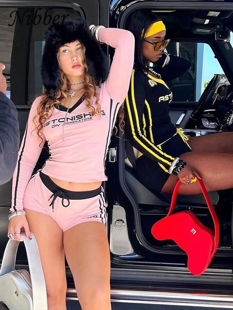 Nibber Women Tracksuit 2 Piece Set Stroke Tight Hipster Letter Print Sporty Casual Crop Tops+Shorts Vitality Matching Outfits Aviola
