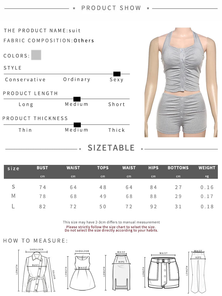 Nibber Folds 2-Piece Set Women Lace-Up Halter Sleeveless Backless v-Neck Tops+Skinny Shorts Summer Trend Street Matching Suits Aviola