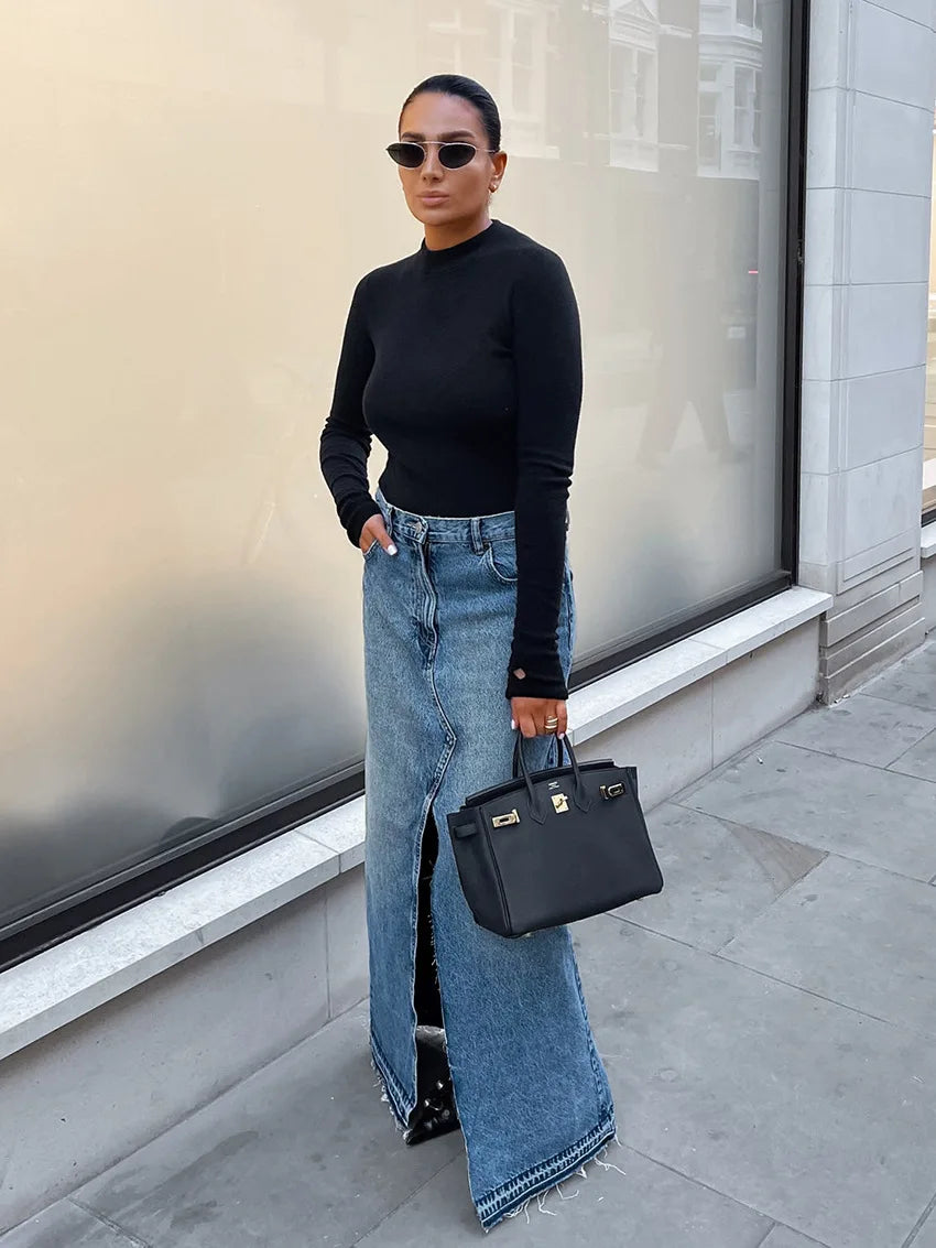 Denim Long Skirt Women Split Skirts Stretch High Waist Pockets Washed Distressed Mom Jeans 2025 Summer Streetwear Vintage A Line Aviola