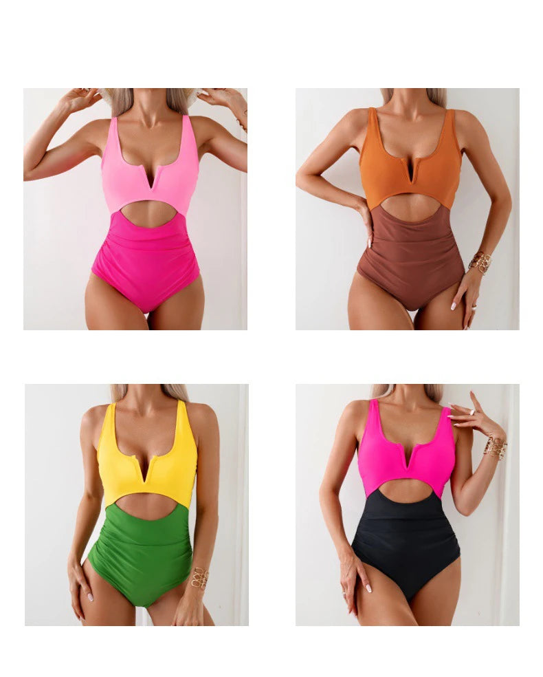 2025 Sexy Solid Color One-Piece Swimsuit Women Deep V Neck Halter Swimsuit Women One-Piece Swimsuit Bodysuit Beach Swimsuit Aviola