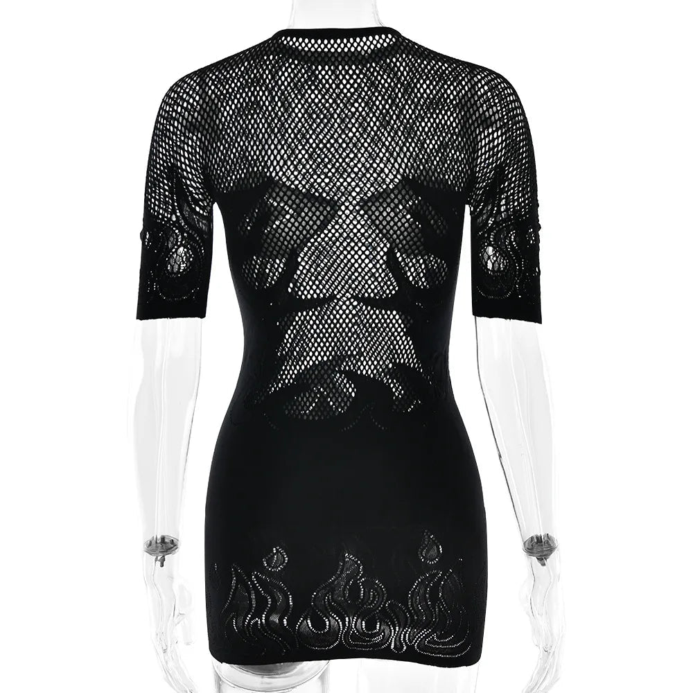 Nibber Hottie Sexy See Through Dress Women Flame Patchwork Print o-Neck Short Sleeve Skinny Peach Hip Street Hipster Outfits Aviola
