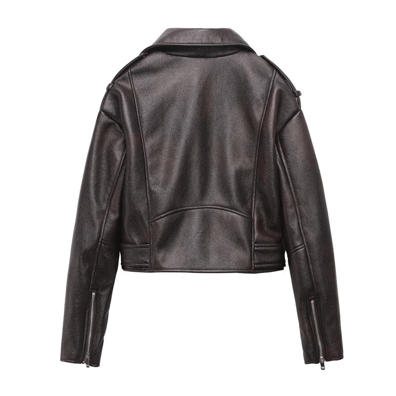 Dark brown Coal graysty le Women's washed leather jacket with belt, short coat with downgraded zipper and vintage lapel jacket Aviola