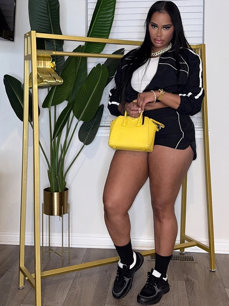 Nibber Fashion Casual Sporty 2 Piece Set Women Zipper Cardigan Polo-Neck Jacket+Drawstring Skinny Shorts Daily Slim Tracksuits Aviola