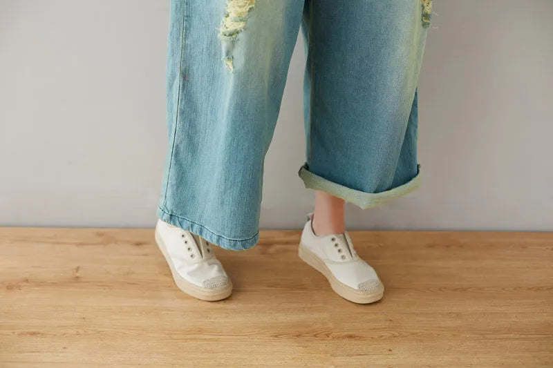 Jean Women Overalls Washed Denim Bleached Wide Leg Pants Hole Ripped Ankle Length Jeans Distressed Pockets Print Casual Aviola