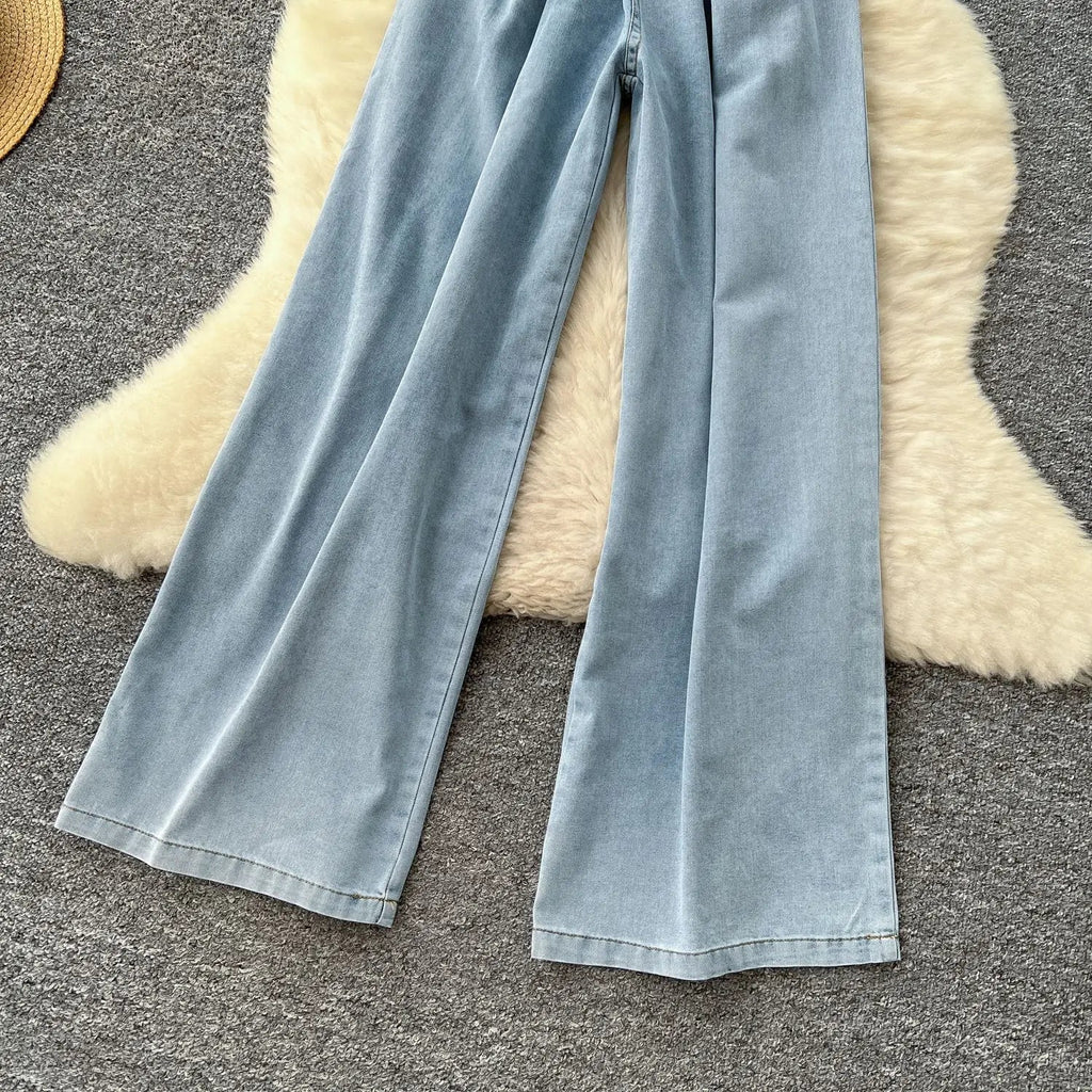 Denim Jumpsuits Women One Piece Wide Leg Pants Washed Distressed Sleeveless Pockets 2025 Streetwear High Waist Jeans Trousers Aviola