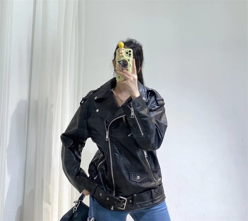 RARF  New 2024 Women's motorcycle leather PU imitation leather loose jacket black jacket Aviola