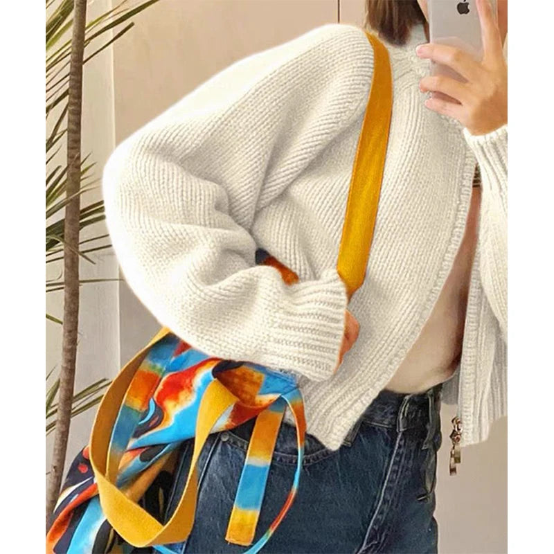 MEXZT Solid Knitted Cardigan Women Sweet Zipper Cropped Sweaters Korean Vintage Casual Knitwear Coat Loose Short Jumpers Jackets Aviola