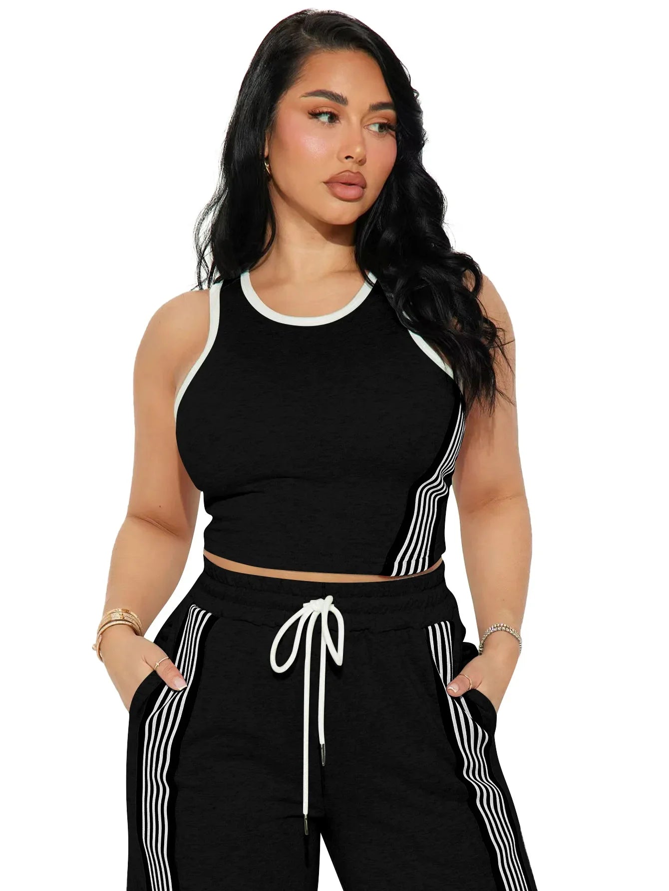 Two Piece Sets Women Sports Suit Vest Top Wide Leg Pants Striped Elastic Waist Matching Sets Trousers Sportswear 2025 Tracksuit Aviola