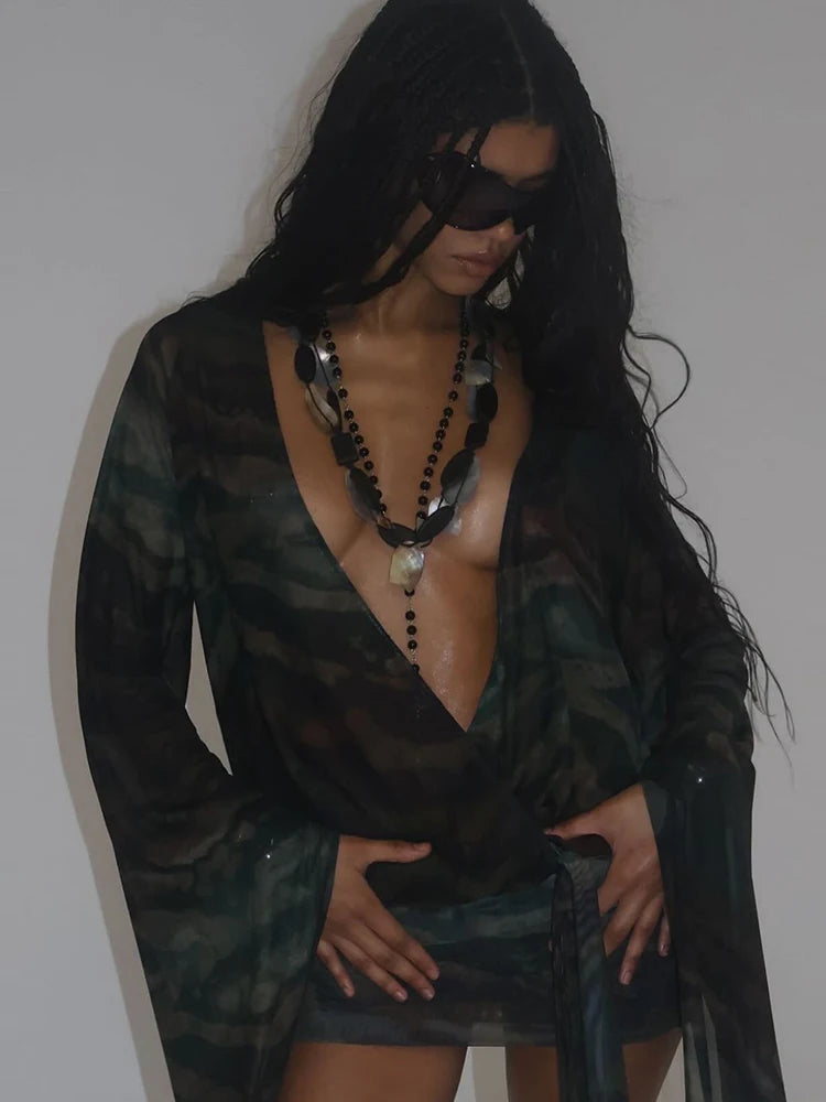 Nibber Sexy See Through Tie-Dye Dress Women Deep V-Neck Lace-Up Backless Loose Full Sleeve Summer Party Coquette Mini Bodycon Aviola