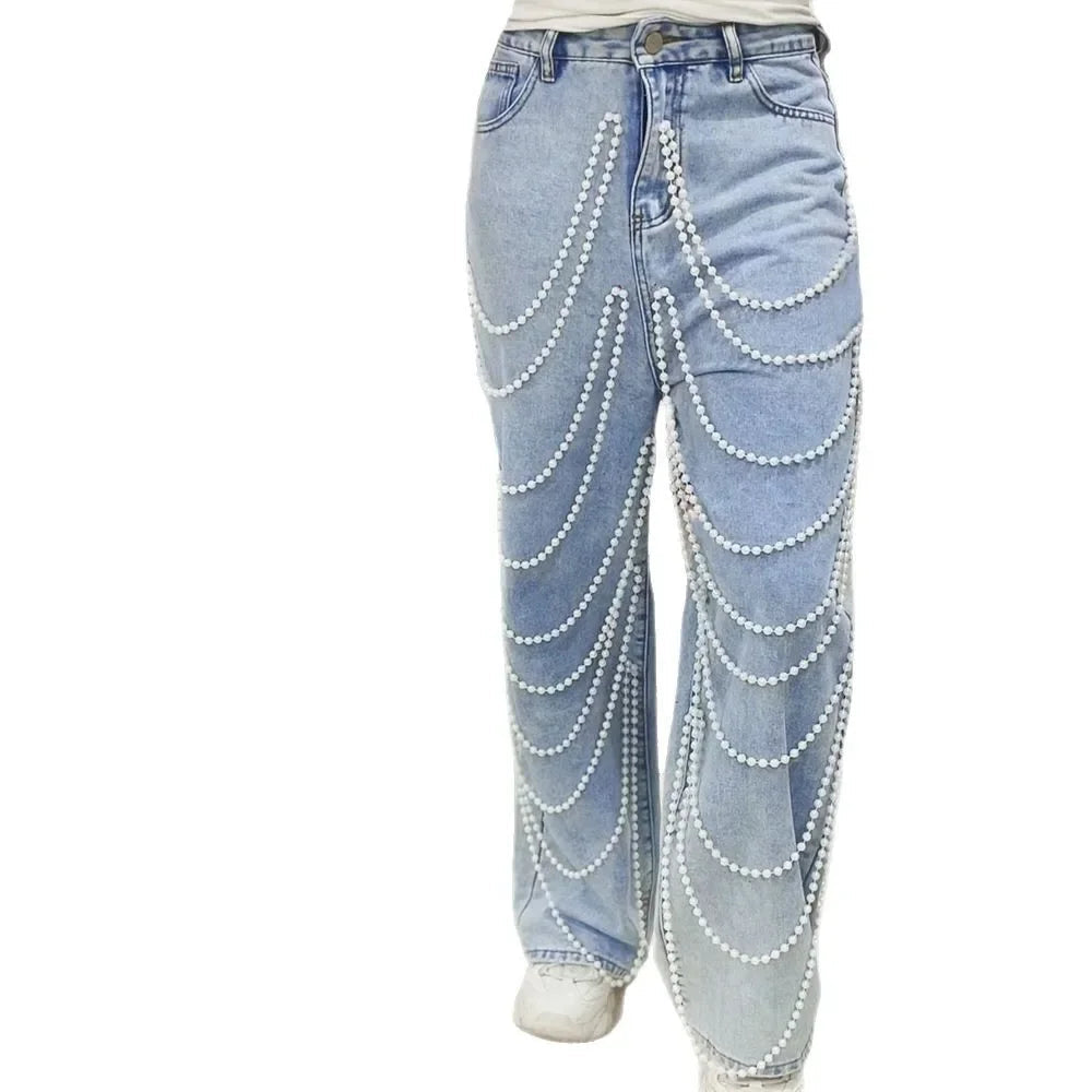 Straight Pants Women Jeans High Waist Beading Washed Distressed Vintage Mom Pockets Button 2025 Streetwear Y2k Denim Trousers Aviola
