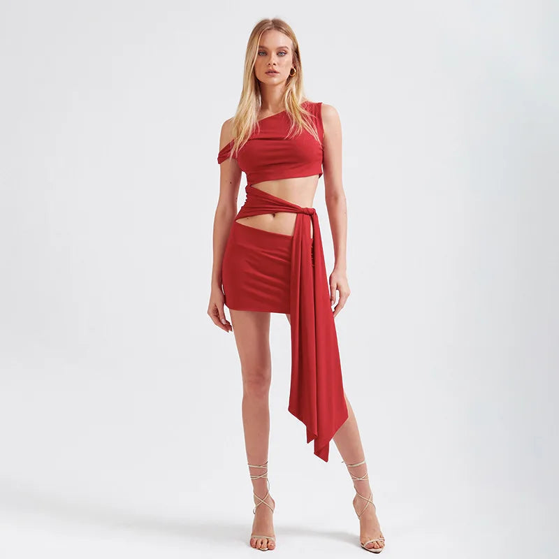 Nibber Irregular Hollow Dress Women Knot Off-The-Shoulder Bandage Biased Collar Sexy Fit Sleeveless Solid Midnight Mini Bodycon Aviola