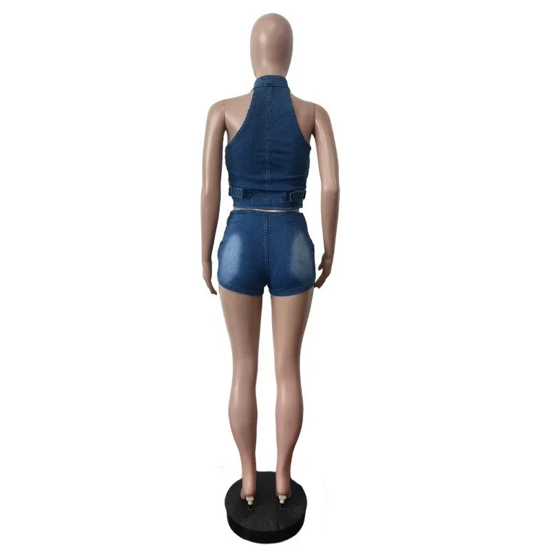 Denim Shorts Women Suit 2 Piece Sets Sexy Vest Top Sleeveless Matching Sets Zipper Fly Jeans Short Pants Outfits Streetwear 2025 Aviola