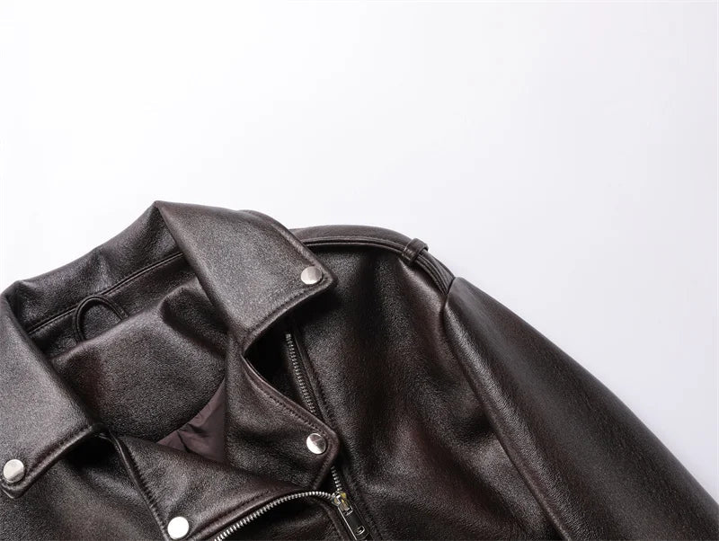 Dark brown Coal graysty le Women's washed leather jacket with belt, short coat with downgraded zipper and vintage lapel jacket Aviola