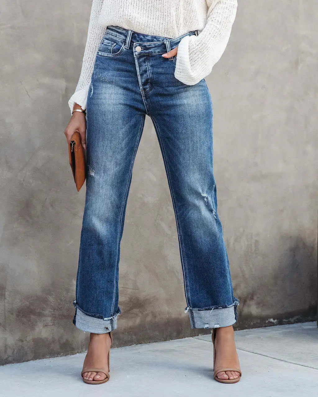 Women Jeans Straight Pants Denim Pockets High Waist Loose Fit Solid Ankle Length Streetwear Distressed Washing Zipper Flat Aviola