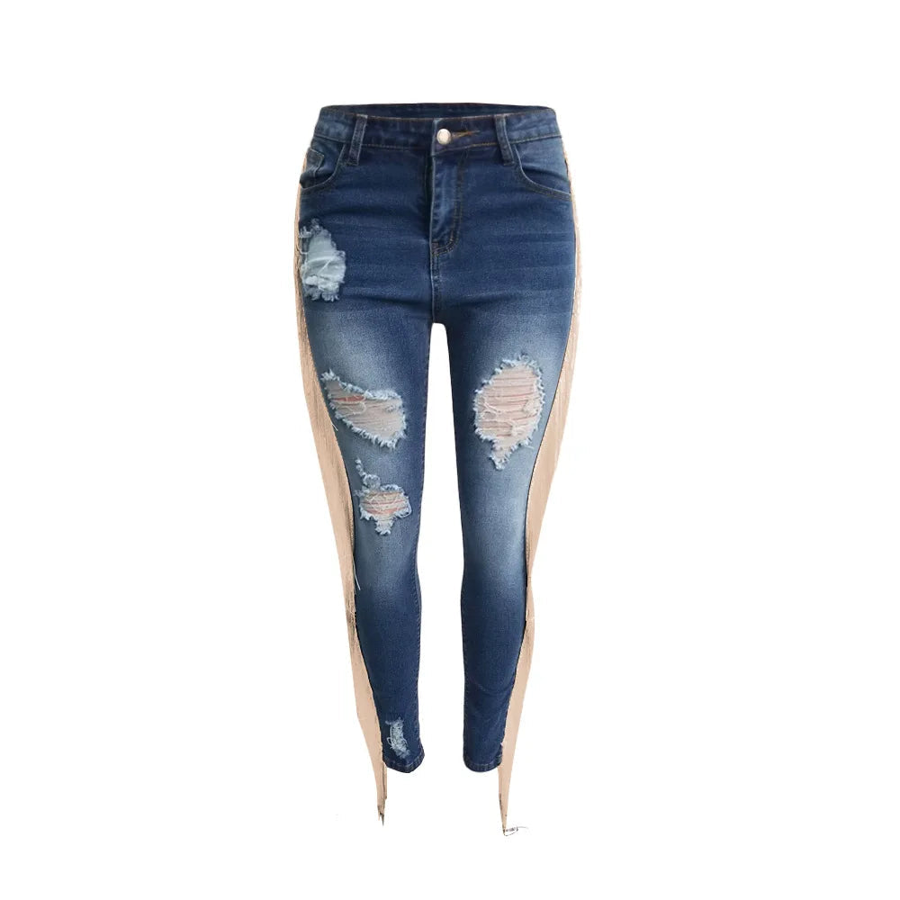 Denim Pants Women Mom Jeans Hole Long Pants Tassel High Waist Straight Trousers Y2k Bodycon Slim Fit Splice Streetwear 2025 Aviola