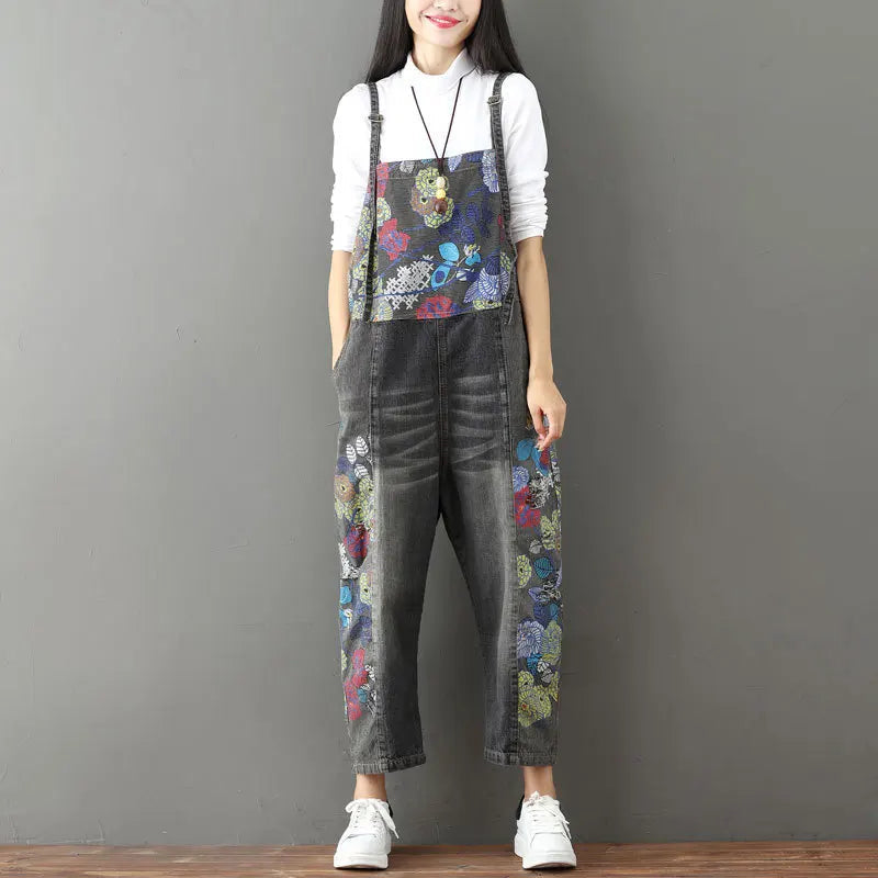Overalls Women Suspenders Sling Jumpsuits Denim One Piece Wide Leg Long Pants High Waist Rompers Y2k Streetwear Print Floral Aviola