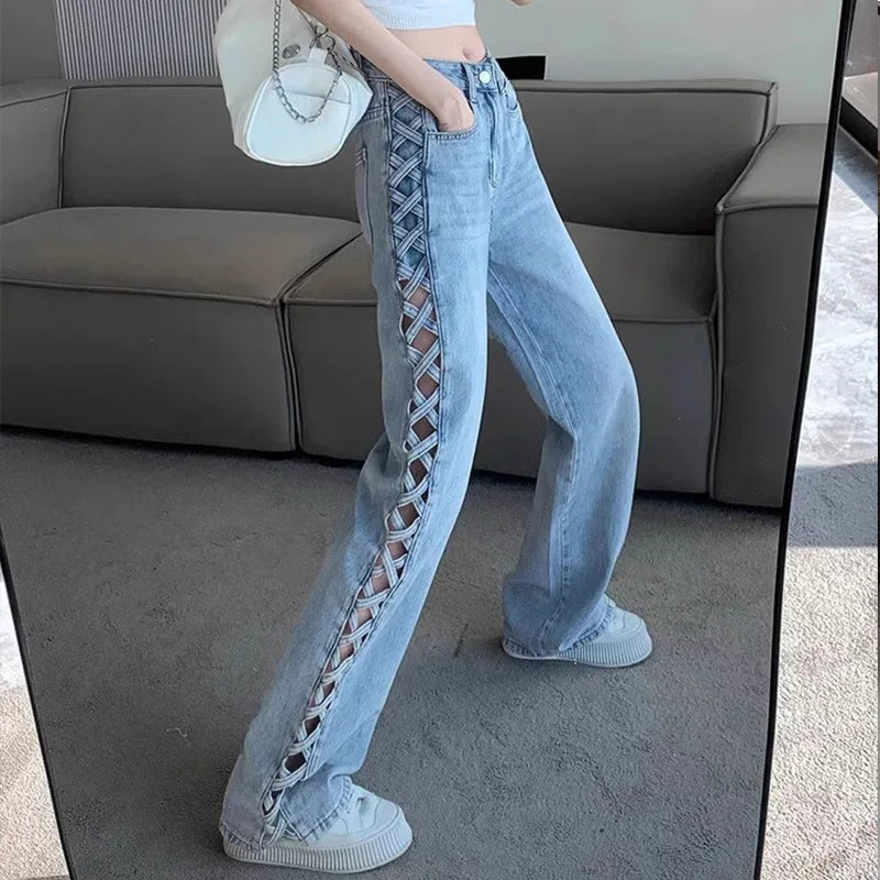 Women Casual Mom Jeans Hollow Out High Waist Trousers Button Zipper Wide Leg Pant Office Lady Loose Spring Club Y2k Streetwear Aviola