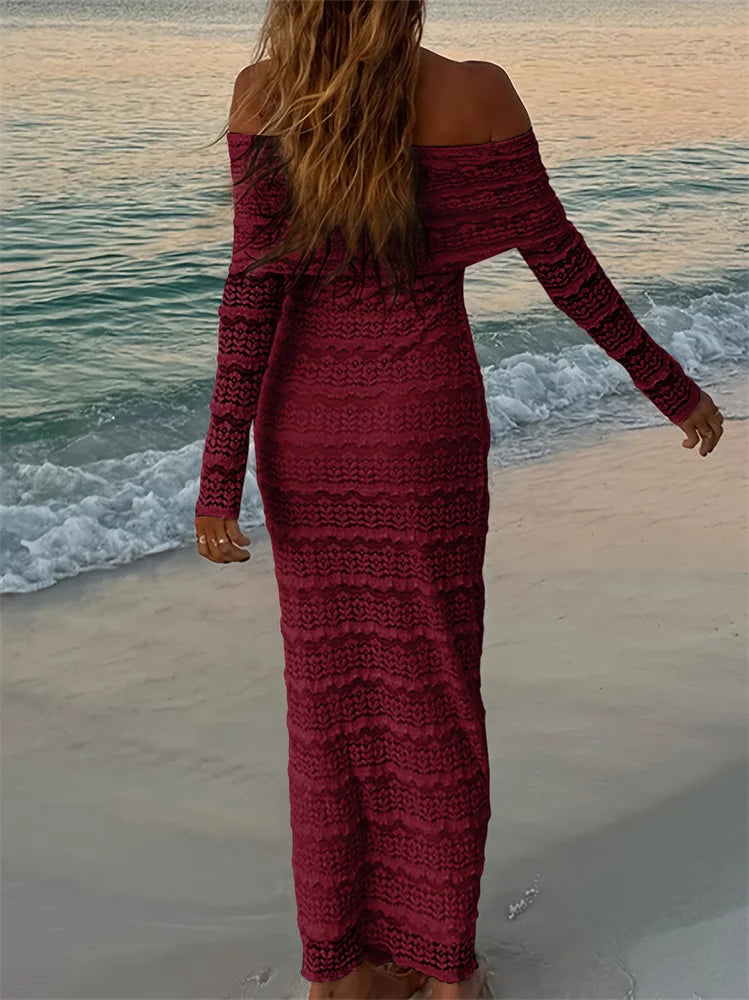 Nibber See Through Vacation Dress Women Jacquard Lapel Slash Neck Backless Full Sleeve Beach Party Elegant Chic Long Bodycon Aviola