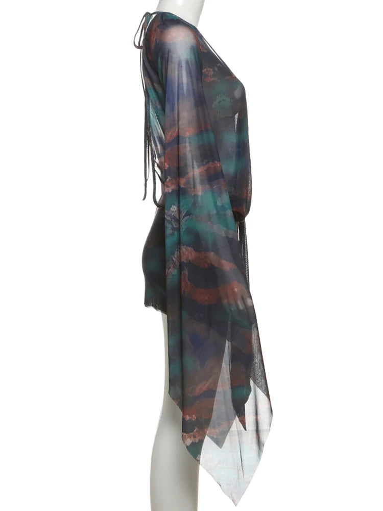 Nibber Sexy See Through Tie-Dye Dress Women Deep V-Neck Lace-Up Backless Loose Full Sleeve Summer Party Coquette Mini Bodycon Aviola