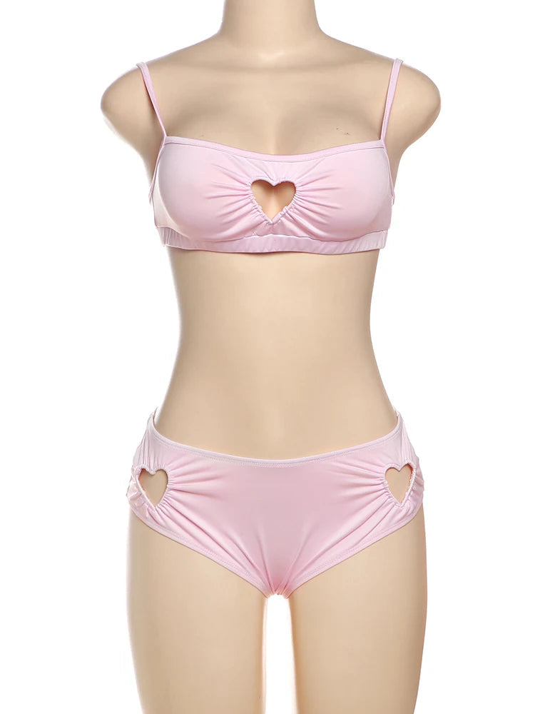 Nibber Sexy Heart Hollow 2 Piece Set Women Simple Vacation Camisole+Panties Beach Style Matching Stretch Street Comfortable Suit Aviola