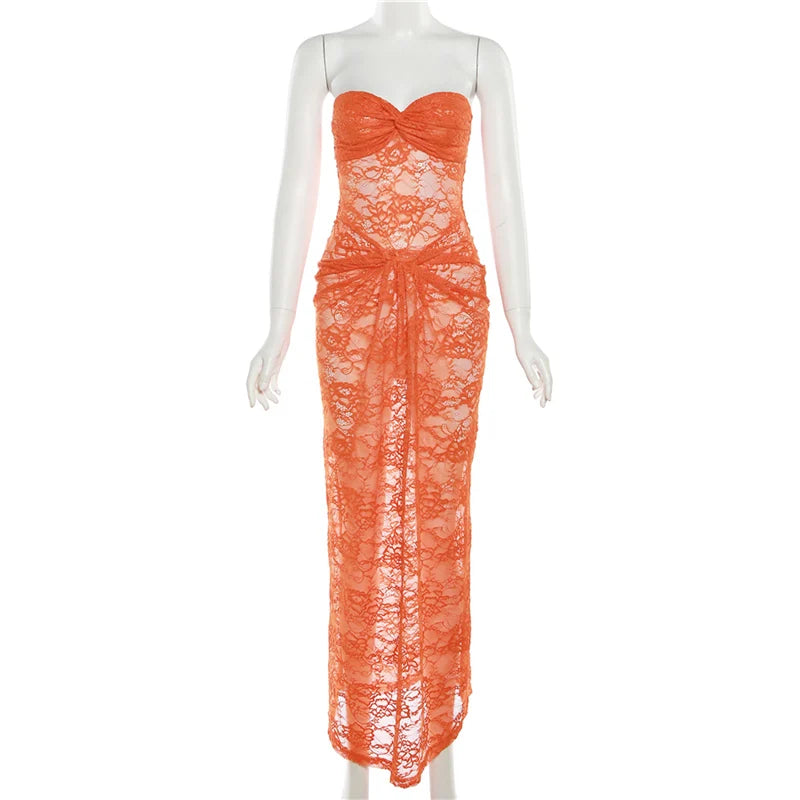 Nibber Lace See-Through Sexy Woman Long Wrap Sleeveless Dress Coquette Ruffles Nightclub Party High Stretch Charming Vestidos Aviola