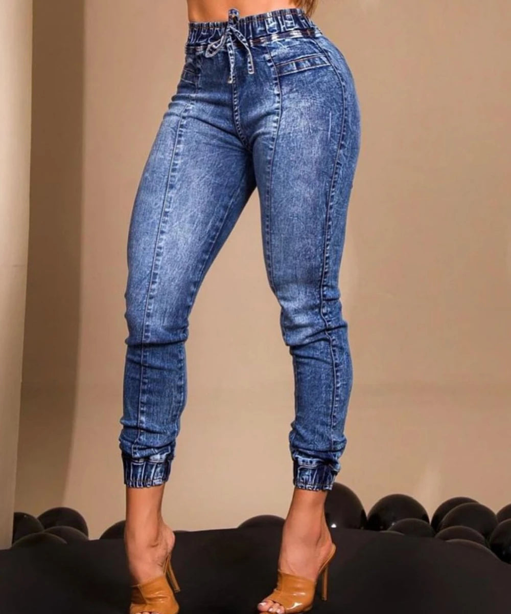 Women Jeans Elastic Waist Solid Color Pencil Pants Pockets Streetwear Casual Slim Fit High Street Flat Zipper 2023 Autumn Aviola