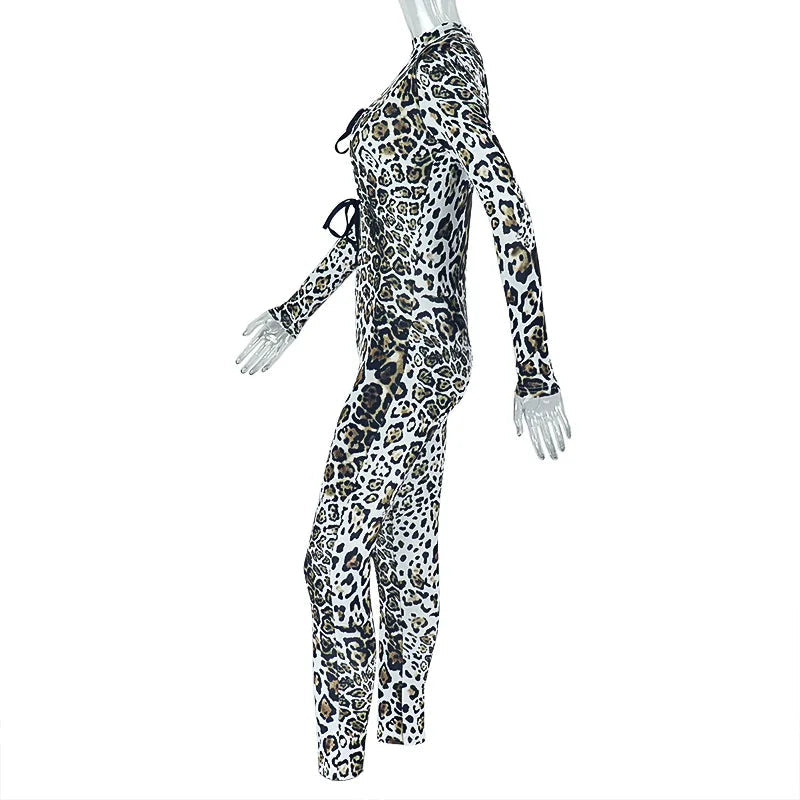 Nibber Sexy Leopard Print Jumpsuits Women Style Hollow Bandage Full Sleeve Skinny Peach Hip Midnight Coquette Fashion Overalls Aviola