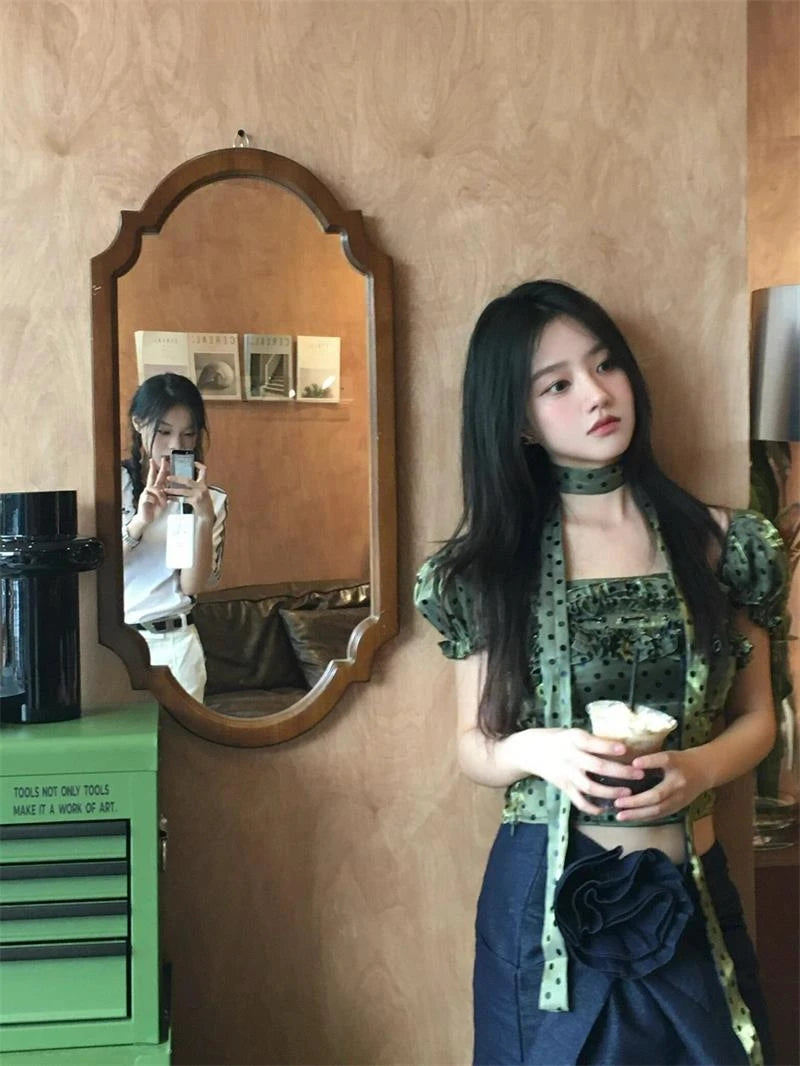 MEXZT Vintage Polka Dots Shirts Women Elegant Cropped Puff Short Sleeve Blouses Summer Korean Square Collar Slim Design Tops New Aviola