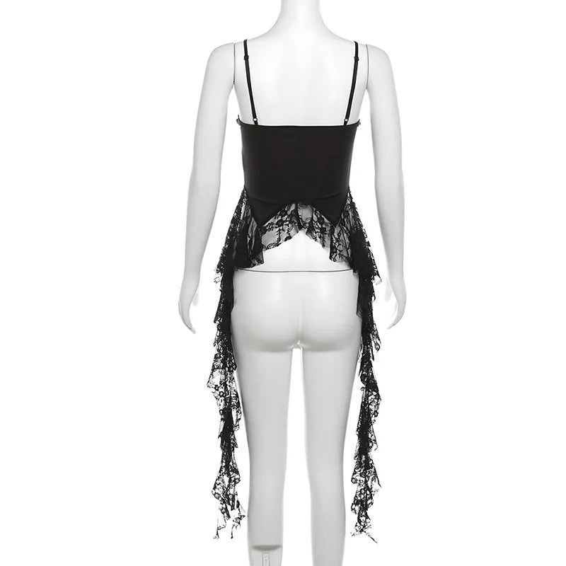 MEXZT Y2K Irregular White Tank Top Women Sexy Lace Ruffles Backless Black Corset Summer Gyaru Streetwear Grunge Bandage Camis Aviola