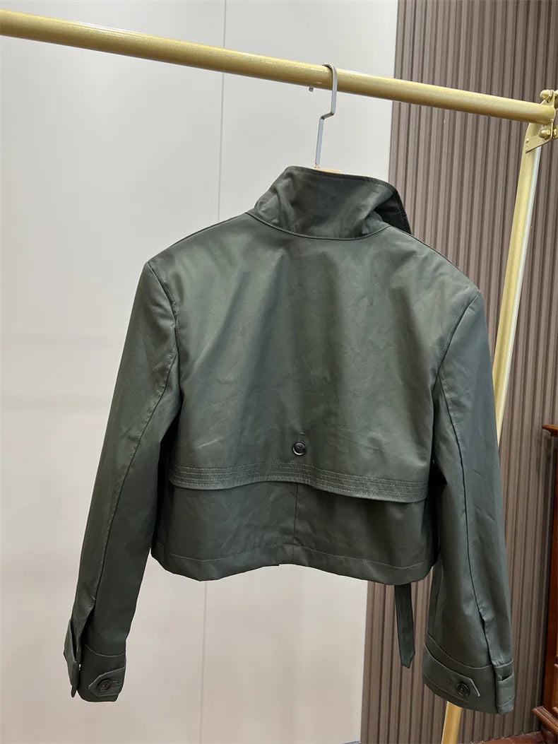 RARF 2024 autumn new women's fashion pocket double breasted waxed leather short trench coat women's top coat Aviola