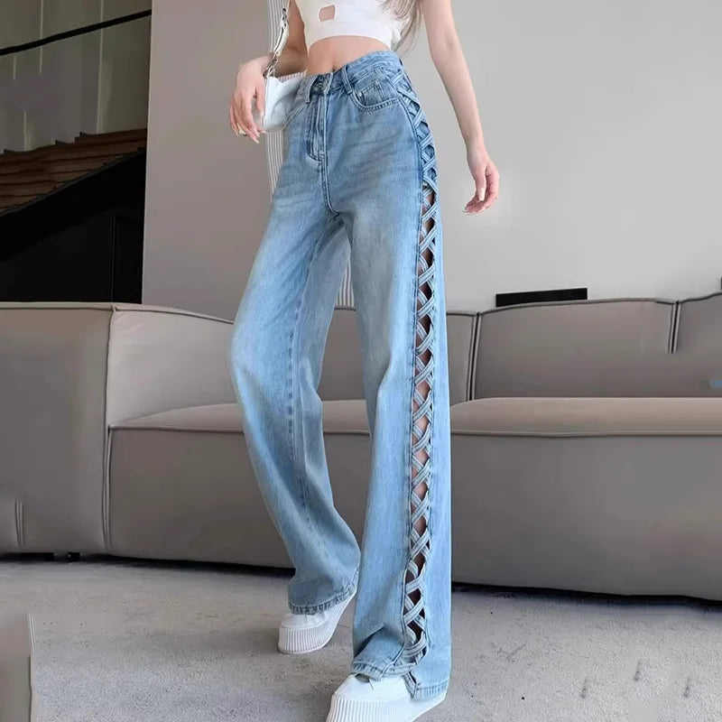 Women Casual Mom Jeans Hollow Out High Waist Trousers Button Zipper Wide Leg Pant Office Lady Loose Spring Club Y2k Streetwear Aviola