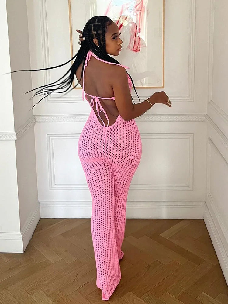Nibber Knitted Lace-Up Jumpsuit Women Backless Halter Flower Applique Sleeveless 2025 Summer Vacation Trend Classic Overalls Aviola