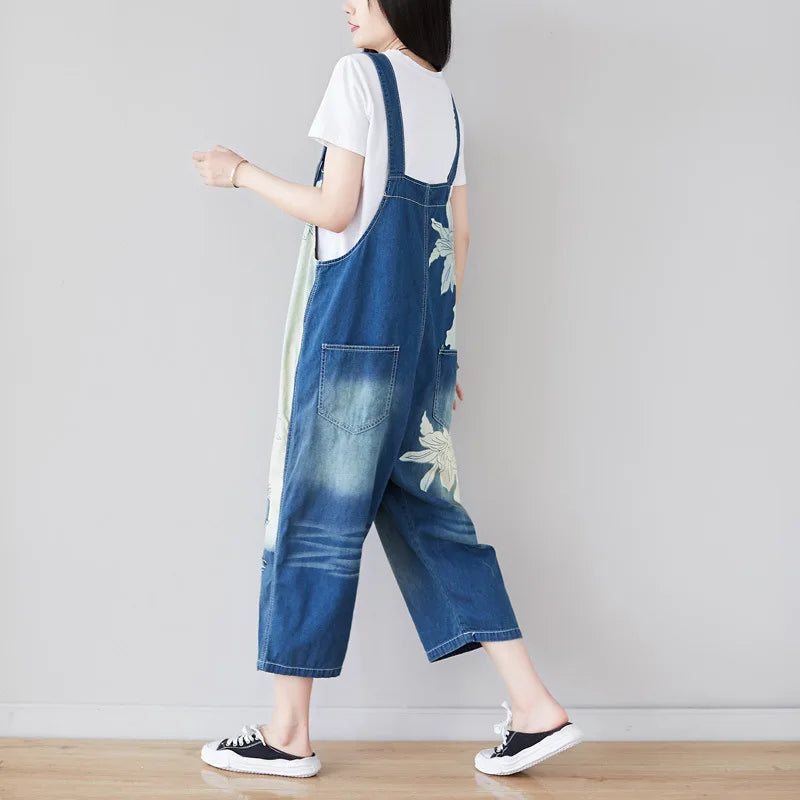 Ankle Length Denim Overalls Women Jeans Spliced Wide Leg Pants Streetwear Washed Jean Loose Fit Pockets 2024 Print Summer Aviola