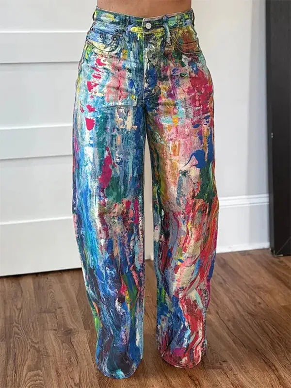 Denim Pant Women Jeans Wide Leg Long Pants Print High Waist Straight Trousers Y2k Streetwear Gothic Elegant Splice Work Casual Aviola