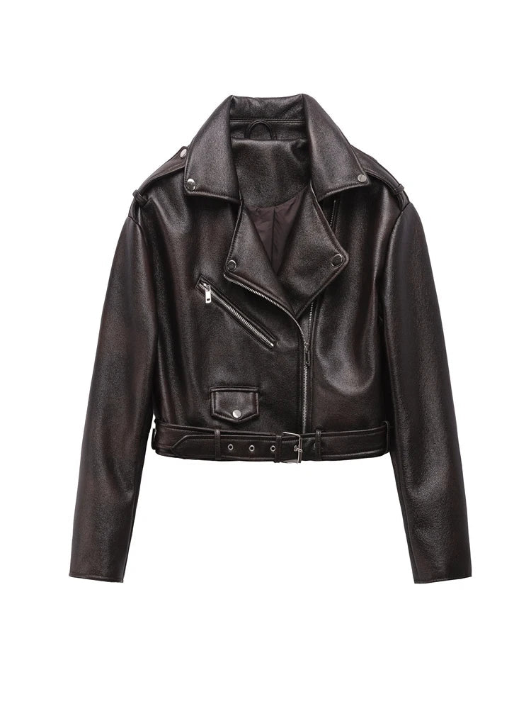 Dark brown Coal graysty le Women's washed leather jacket with belt, short coat with downgraded zipper and vintage lapel jacket Aviola