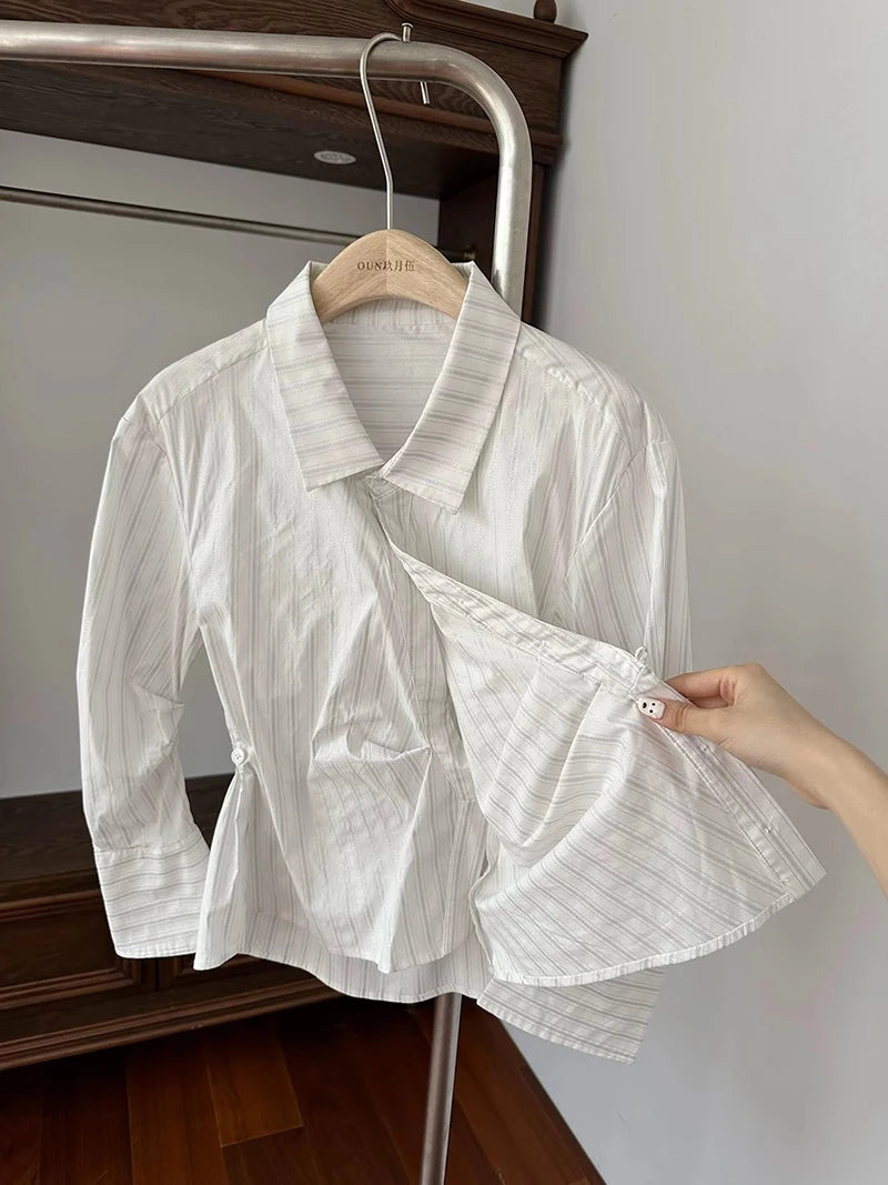 MEXZT Elegant Striped Shirts Women Vintage Irregular Long Sleeve Blouses Office Ladies Korean Chic Buttons Slim Design Tops New Aviola