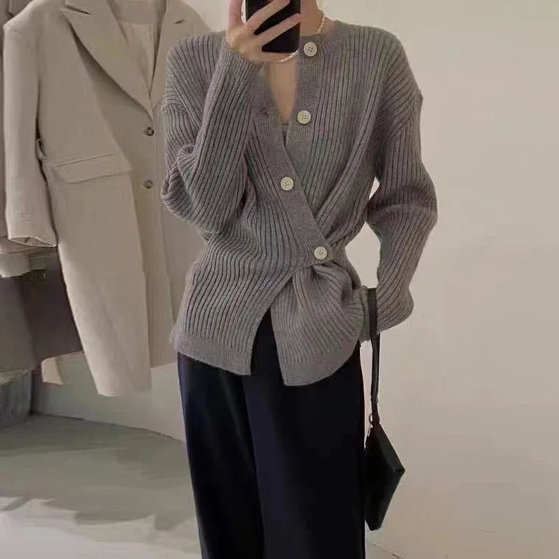 MEXZT Irregular Knitted Cardigan Women Elegant Black Sweater Coat Korean Fashion Slim Knitwear Winter Ladies Basic Chic Jumpers Aviola