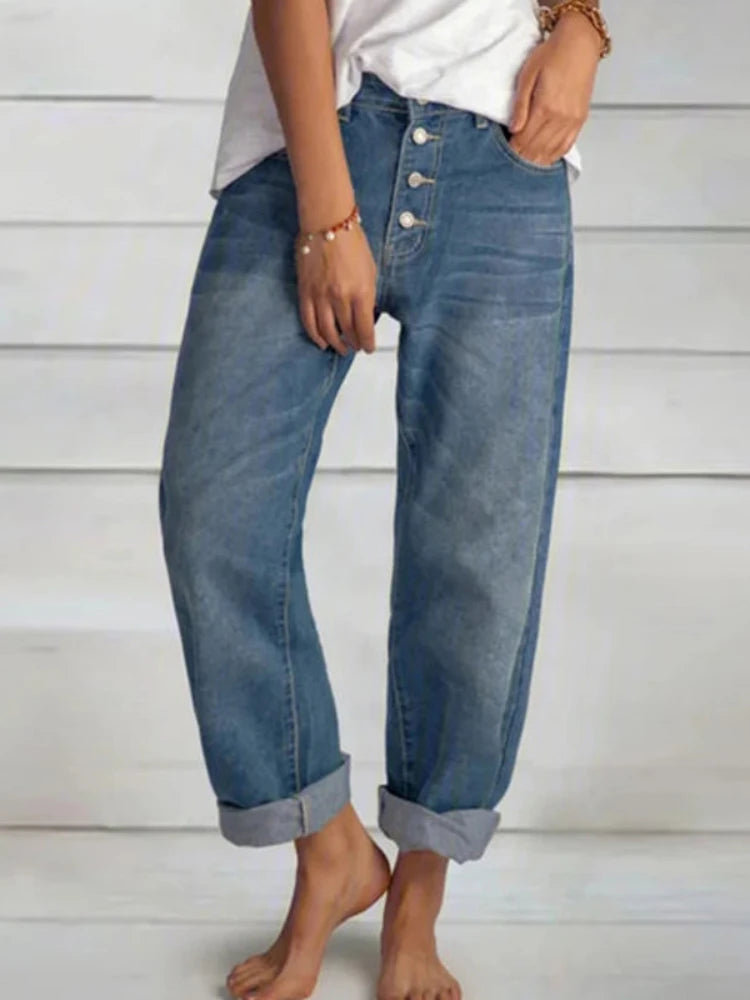 Women Jeans Solid Color Straight Pants Zipper Fly Flat Pockets Streetwear Loose Fit Mid Waist Patchwork Button Autumn 2023 Aviola