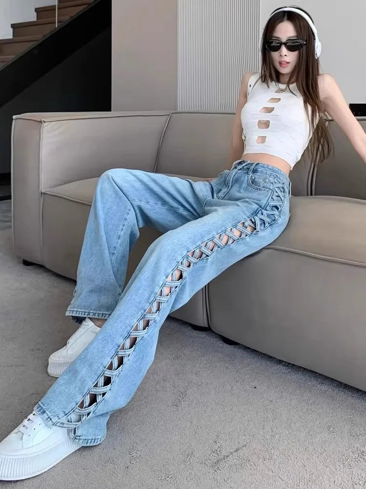 Women Casual Mom Jeans Hollow Out High Waist Trousers Button Zipper Wide Leg Pant Office Lady Loose Spring Club Y2k Streetwear Aviola