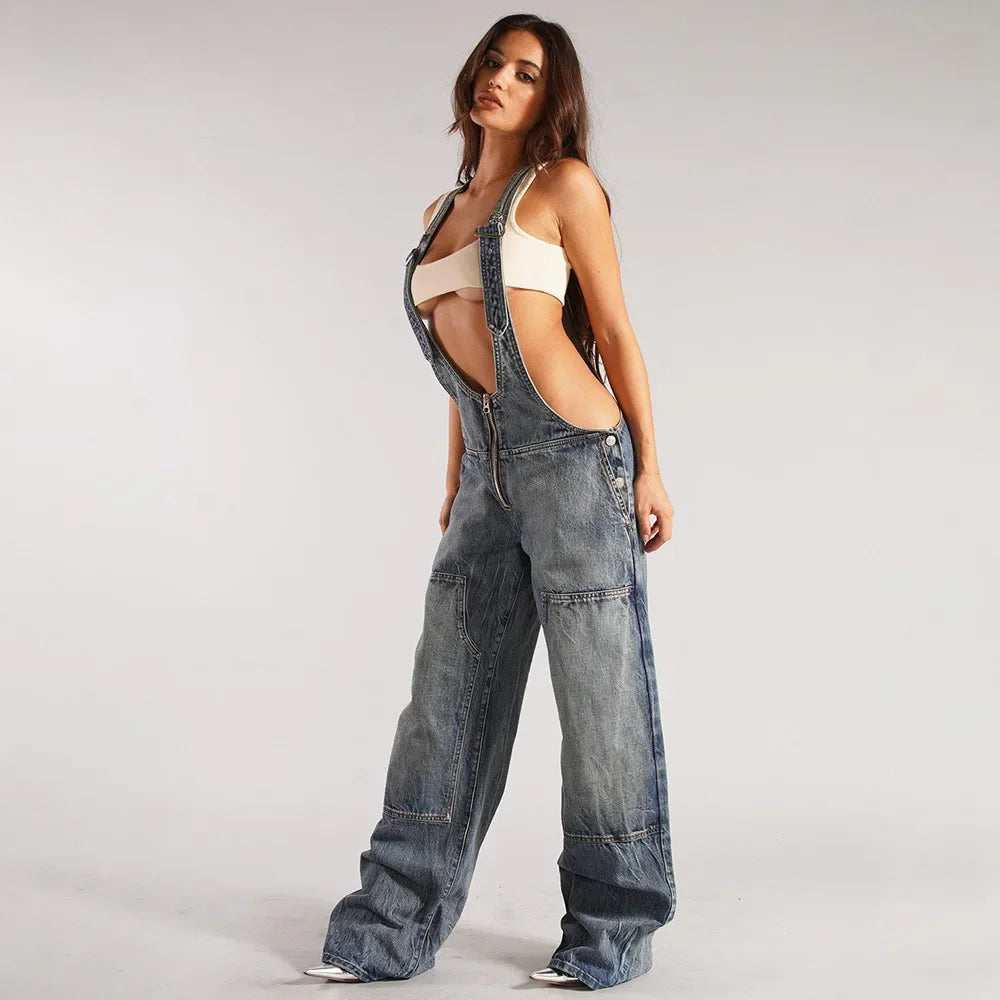 Jumpsuits Women Jeans Overalls Sexy Backless Vintage Full Length Denim Straight Pants Loose Pockets Distressed Washed Casual Aviola