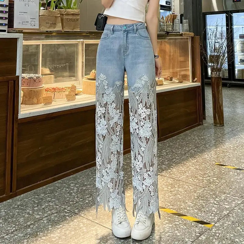 Denim Pant Women Jeans Hollow Out Floral Long Pants Slim Lace High Waist Straight Trousers Y2k Streetwear Splice Mom Party Club Aviola