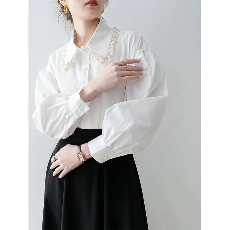MEXZT Elegant White Shirts Women Fashion Beading Patchwork Blouses Office Ladies Korean Long Sleeve Pocket Design Casual Tops Aviola