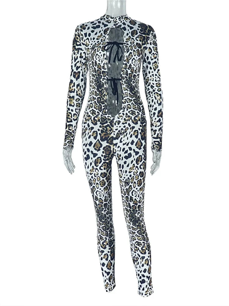 Nibber Sexy Leopard Print Jumpsuits Women Style Hollow Bandage Full Sleeve Skinny Peach Hip Midnight Coquette Fashion Overalls Aviola