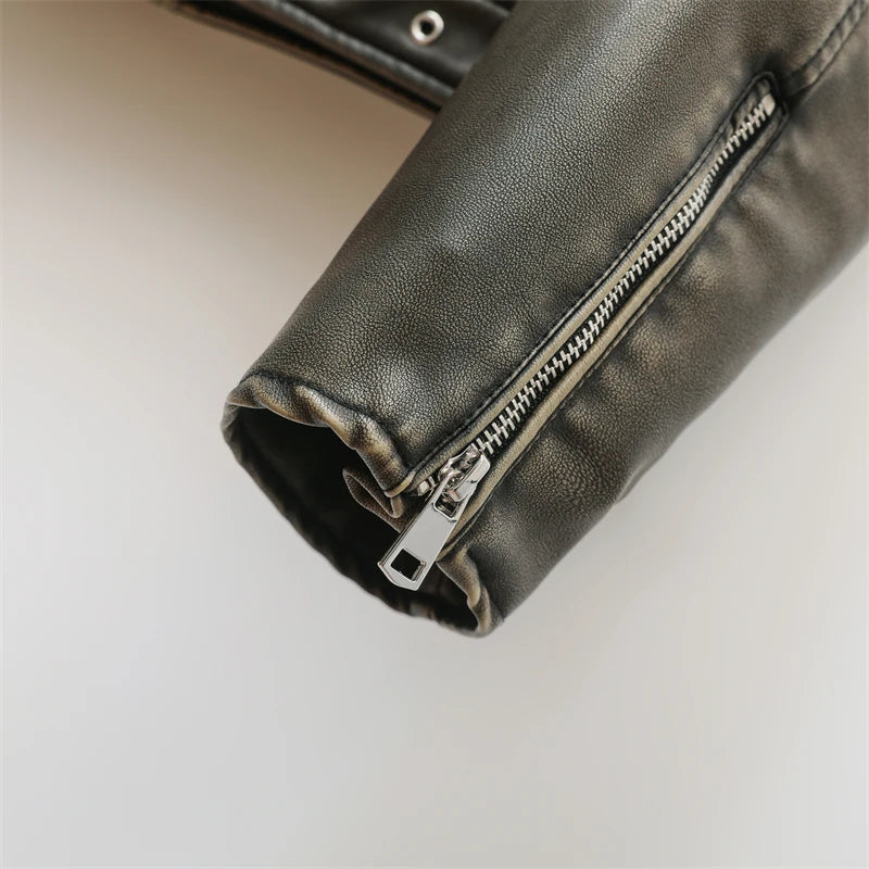 RARF ladies 2024 new vintage do old washed leather imitation leather locomotive type PU jacket women's coat top Aviola