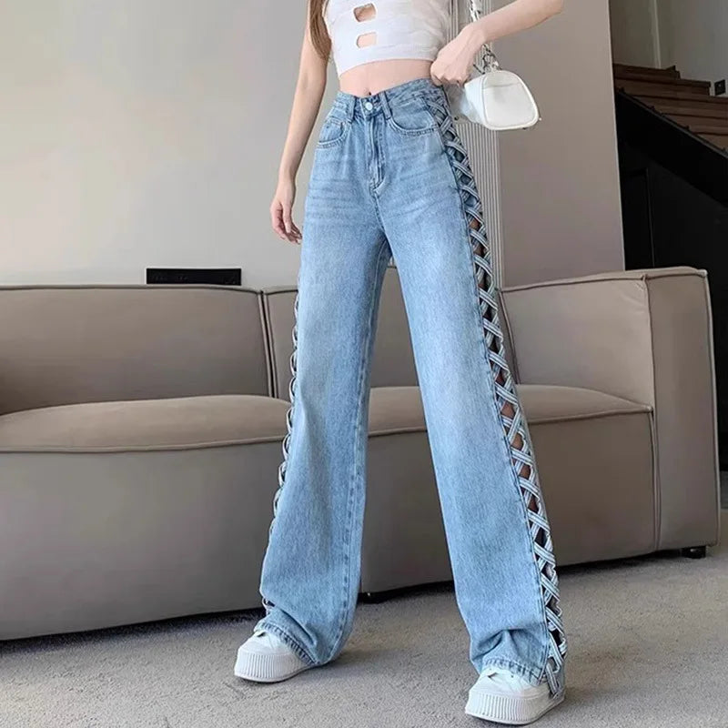 Women Casual Mom Jeans Hollow Out High Waist Trousers Button Zipper Wide Leg Pant Office Lady Loose Spring Club Y2k Streetwear Aviola